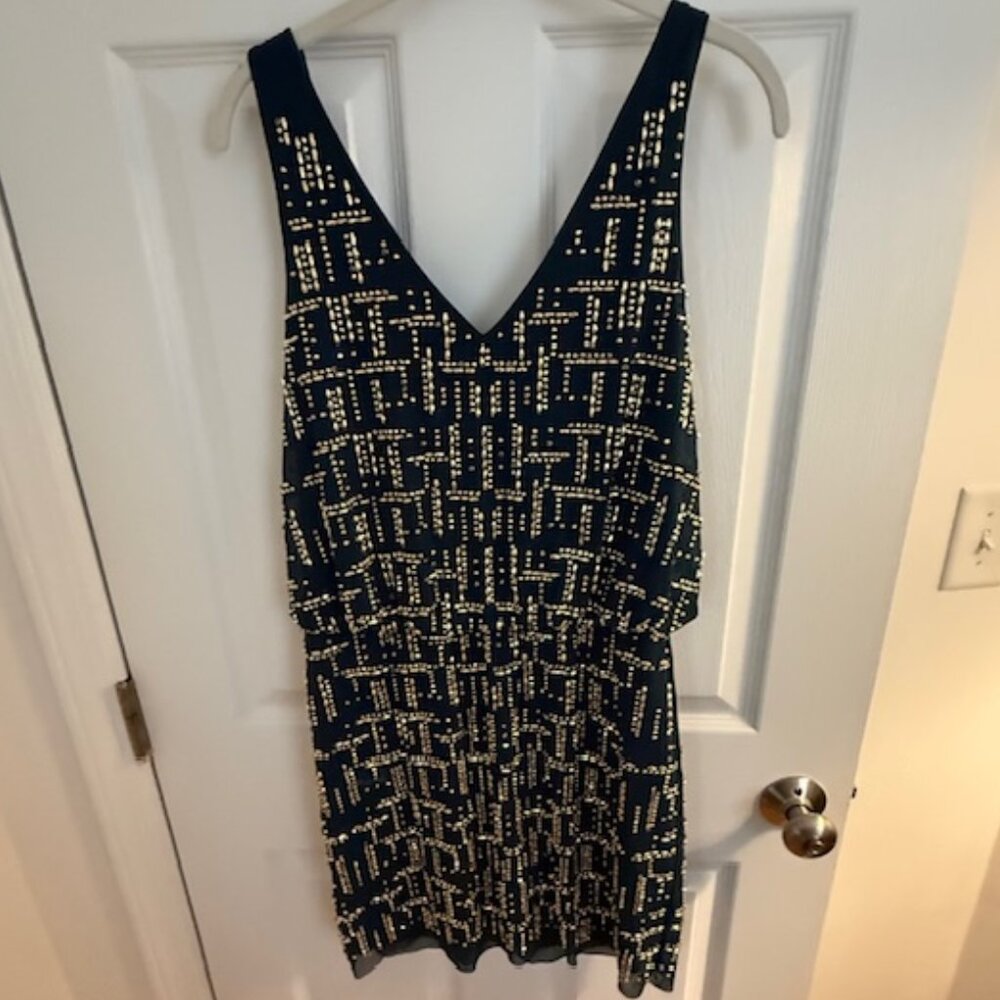 Cache Green and Gold Beaded Mini Dress, Size 8
